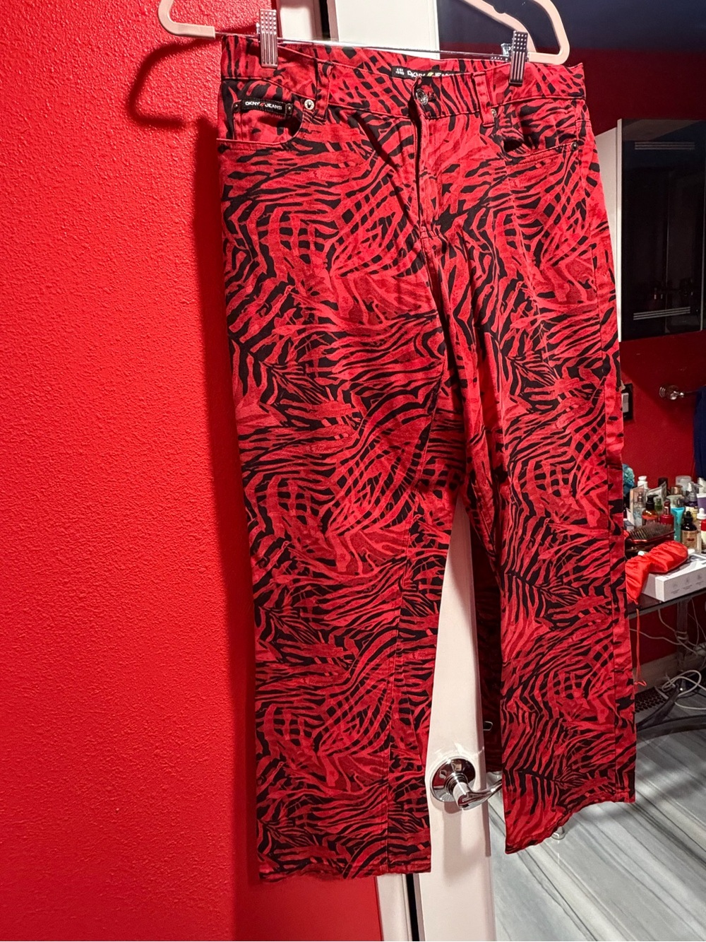 DKNY Red and Black Patterned Cargo Pants